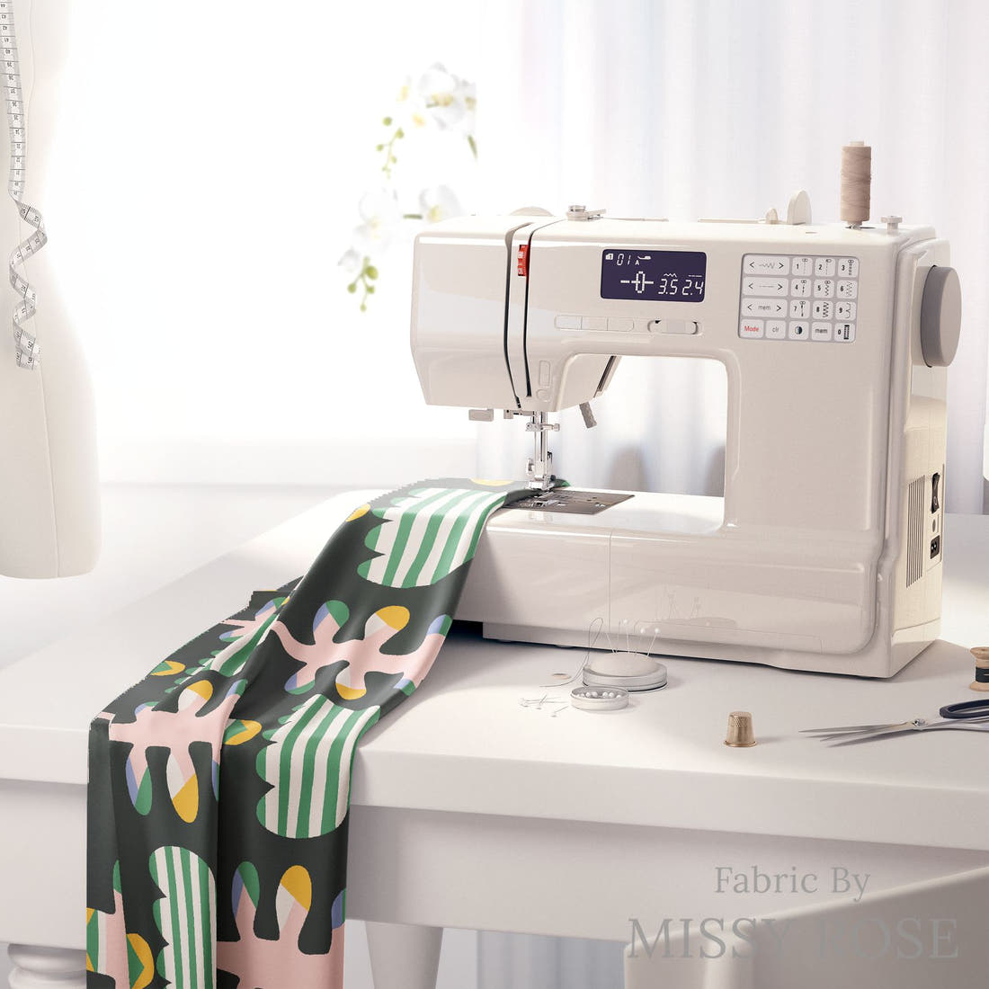 Kristina Forrest 34 on a sewing machine - premium fabric for sewing projects | Fabric by Missy Rose