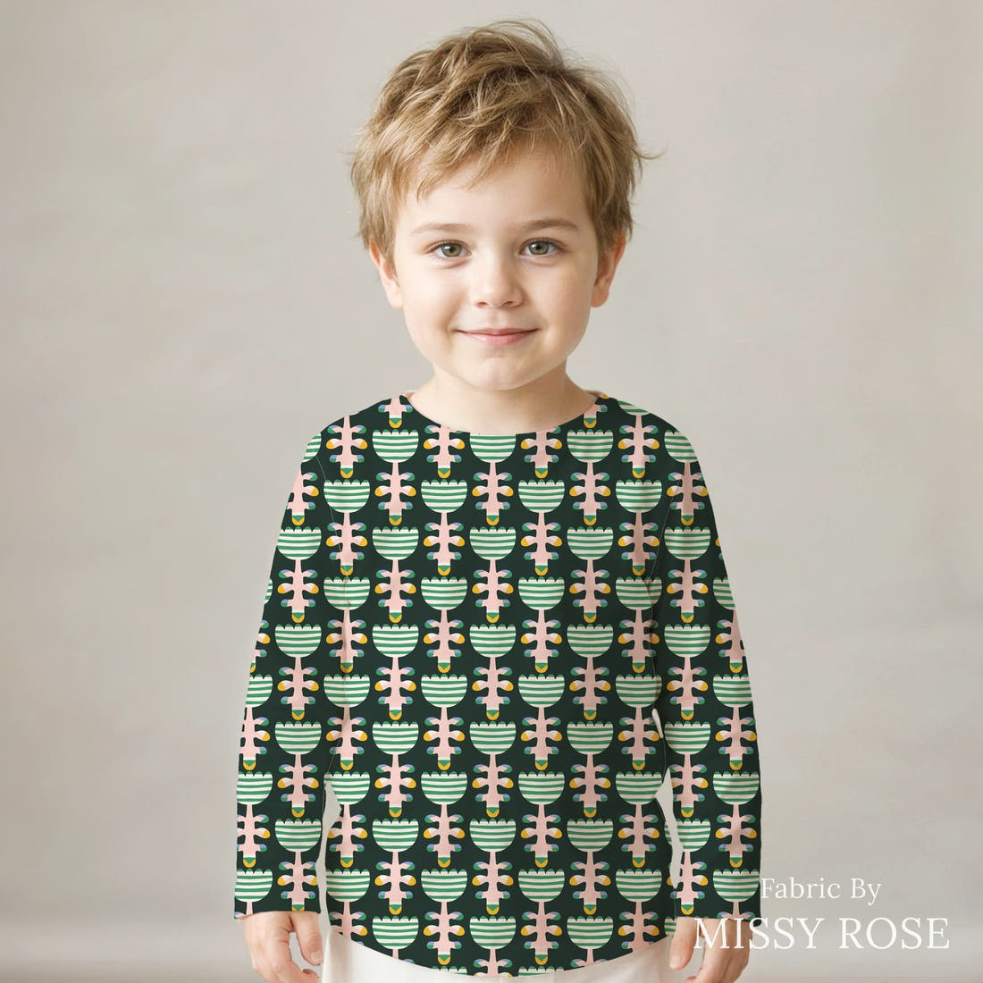 Kristina Forrest 34 sewn into a kids' all-over tee - see how the print looks made up | Fabric by Missy Rose