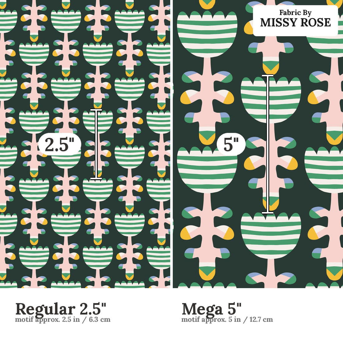 Kristina Forrest 34 Regular 2.5 inch vs Mega 5 inch print scale side by side | Fabric by Missy Rose
