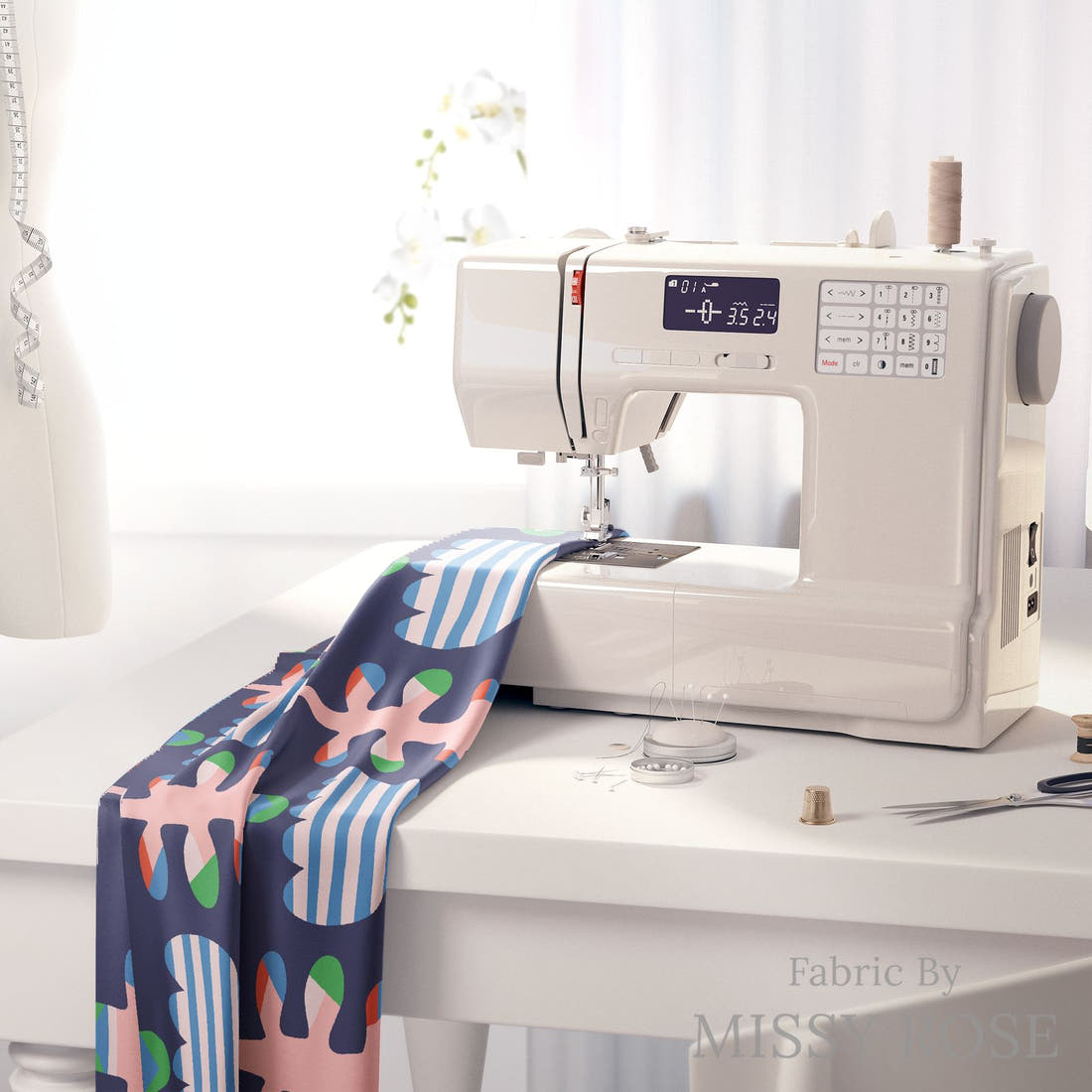 Kristina Forrest 35 on a sewing machine - premium fabric for sewing projects | Fabric by Missy Rose