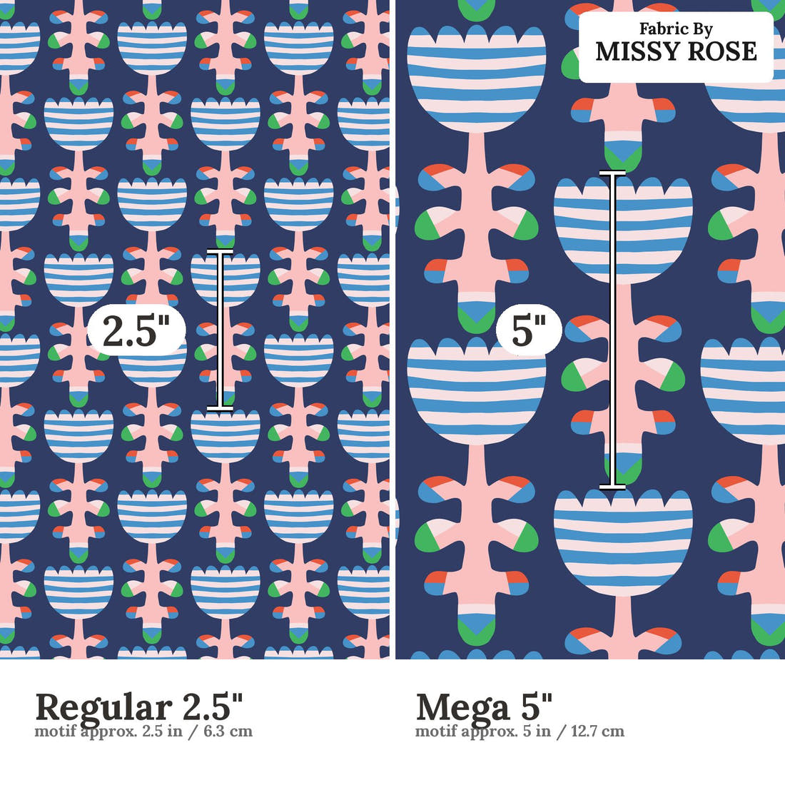 Kristina Forrest 35 Regular 2.5 inch vs Mega 5 inch print scale side by side | Fabric by Missy Rose