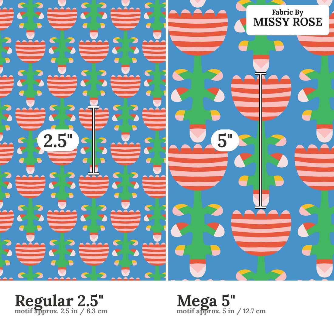 Kristina Forrest 36 Regular 2.5 inch vs Mega 5 inch print scale side by side | Fabric by Missy Rose