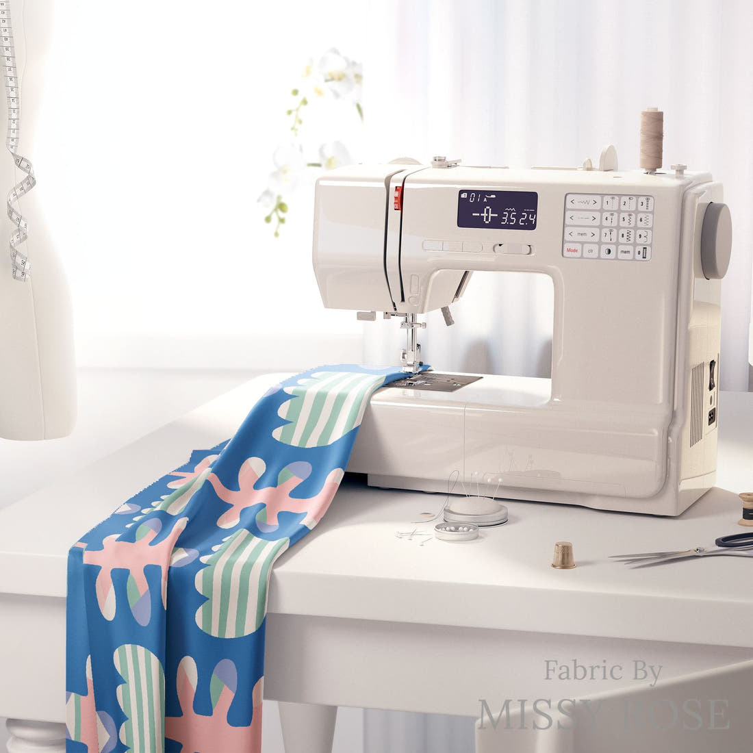 Kristina Forrest 37 on a sewing machine - premium fabric for sewing projects | Fabric by Missy Rose