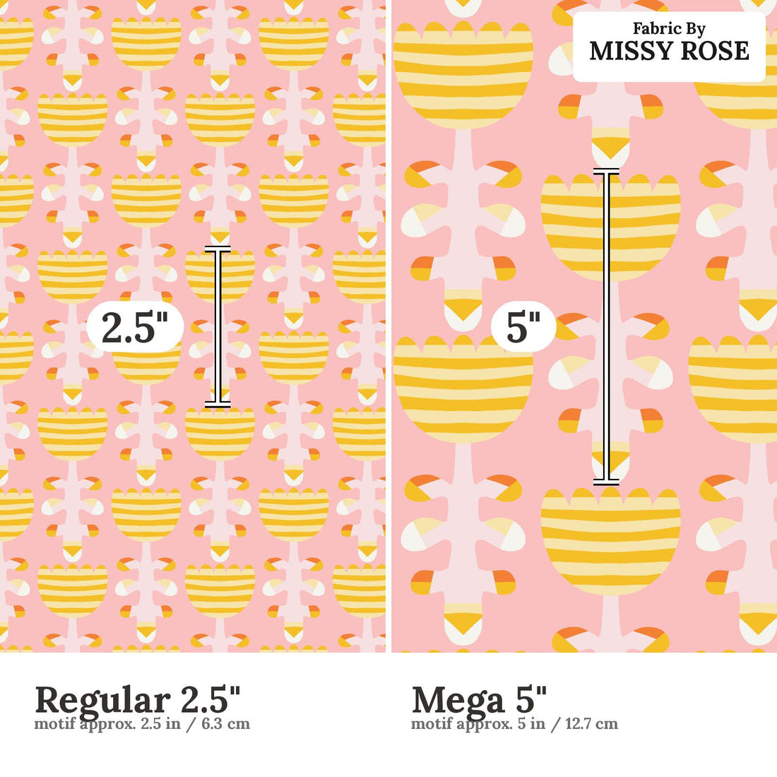 Kristina Forrest 38 Regular 2.5 inch vs Mega 5 inch print scale side by side | Fabric by Missy Rose