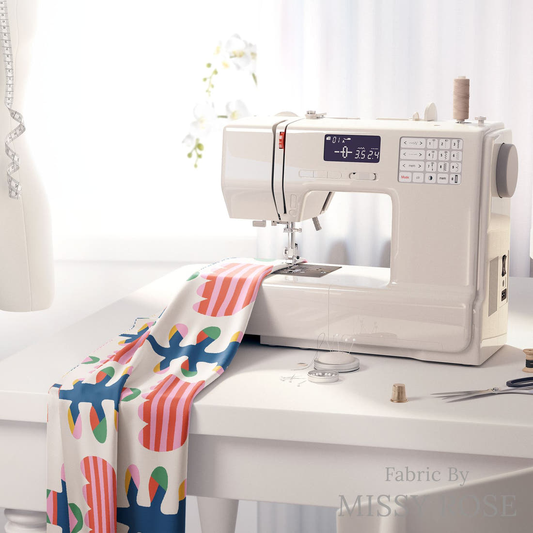 Kristina Forrest 39 on a sewing machine - premium fabric for sewing projects | Fabric by Missy Rose