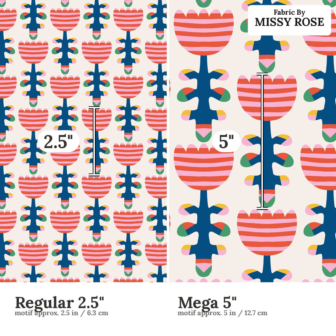 Kristina Forrest 39 Regular 2.5 inch vs Mega 5 inch print scale side by side | Fabric by Missy Rose