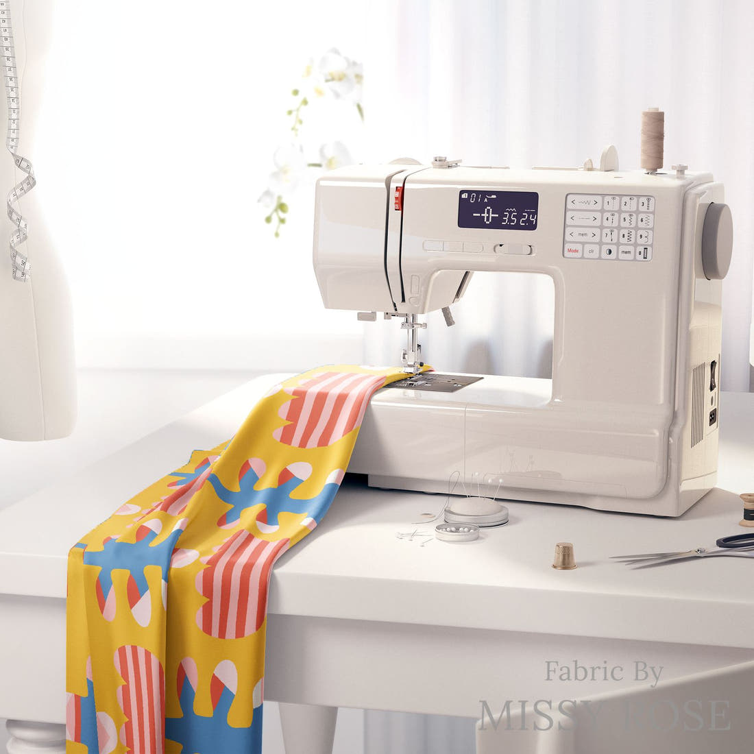 Kristina Forrest 40 on a sewing machine - premium fabric for sewing projects | Fabric by Missy Rose
