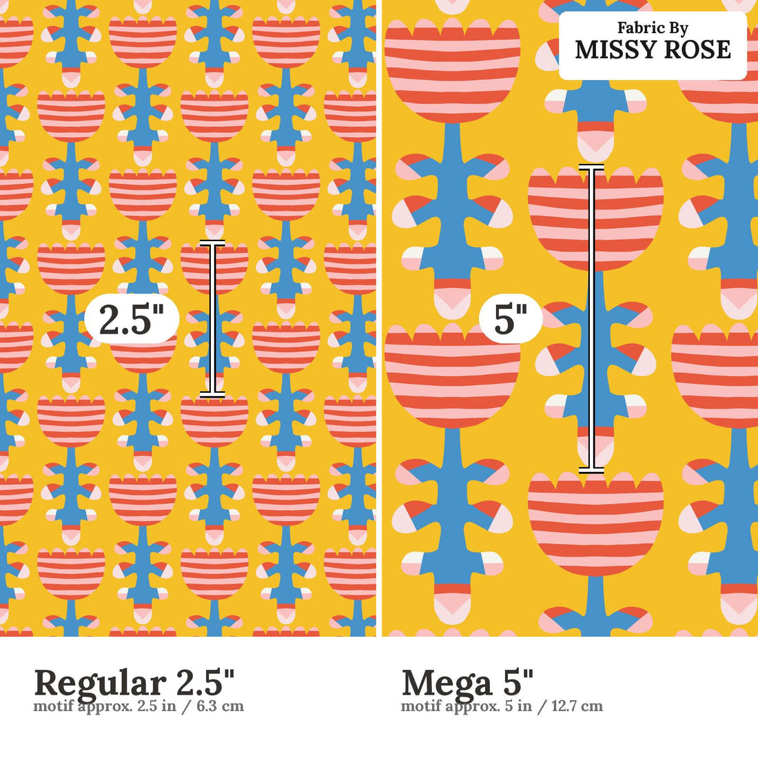 Kristina Forrest 40 Regular 2.5 inch vs Mega 5 inch print scale side by side | Fabric by Missy Rose