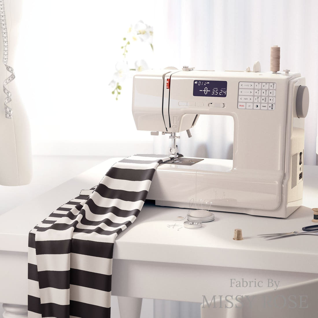 Kristina Forrest 41 on a sewing machine - premium fabric for sewing projects | Fabric by Missy Rose