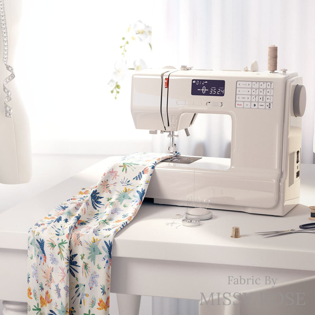 Kristina Forrest 42 on a sewing machine - premium fabric for sewing projects | Fabric by Missy Rose