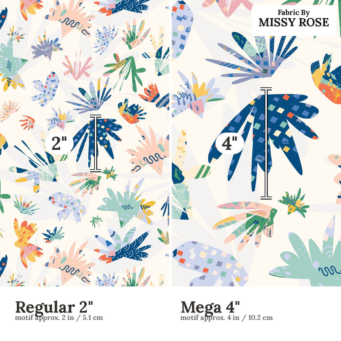 Kristina Forrest 42 Regular 2 inch vs Mega 4 inch print scale side by side | Fabric by Missy Rose