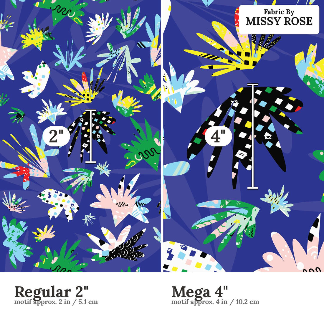 Kristina Forrest 43 Regular 2 inch vs Mega 4 inch print scale side by side | Fabric by Missy Rose