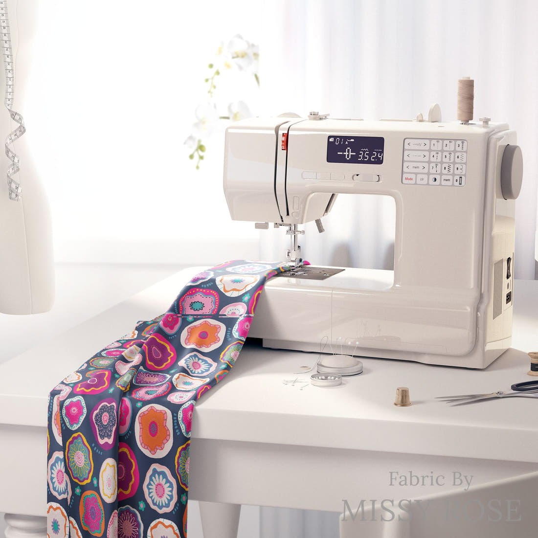 Kristina Forrest 47 on a sewing machine - premium fabric for sewing projects | Fabric by Missy Rose