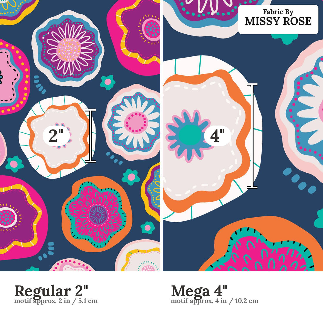 Kristina Forrest 47 Regular 2 inch vs Mega 4 inch print scale side by side | Fabric by Missy Rose