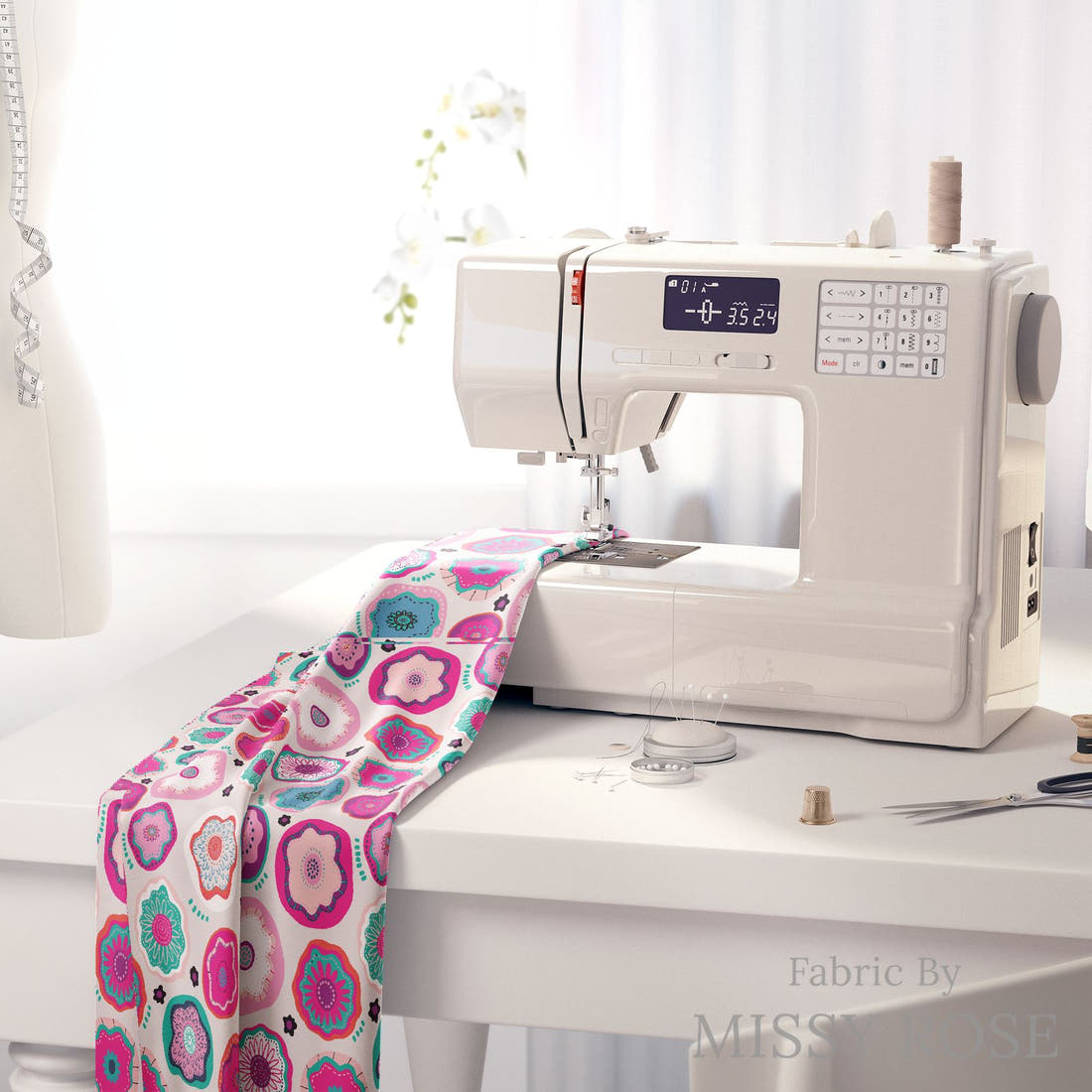 Kristina Forrest 48 on a sewing machine - premium fabric for sewing projects | Fabric by Missy Rose