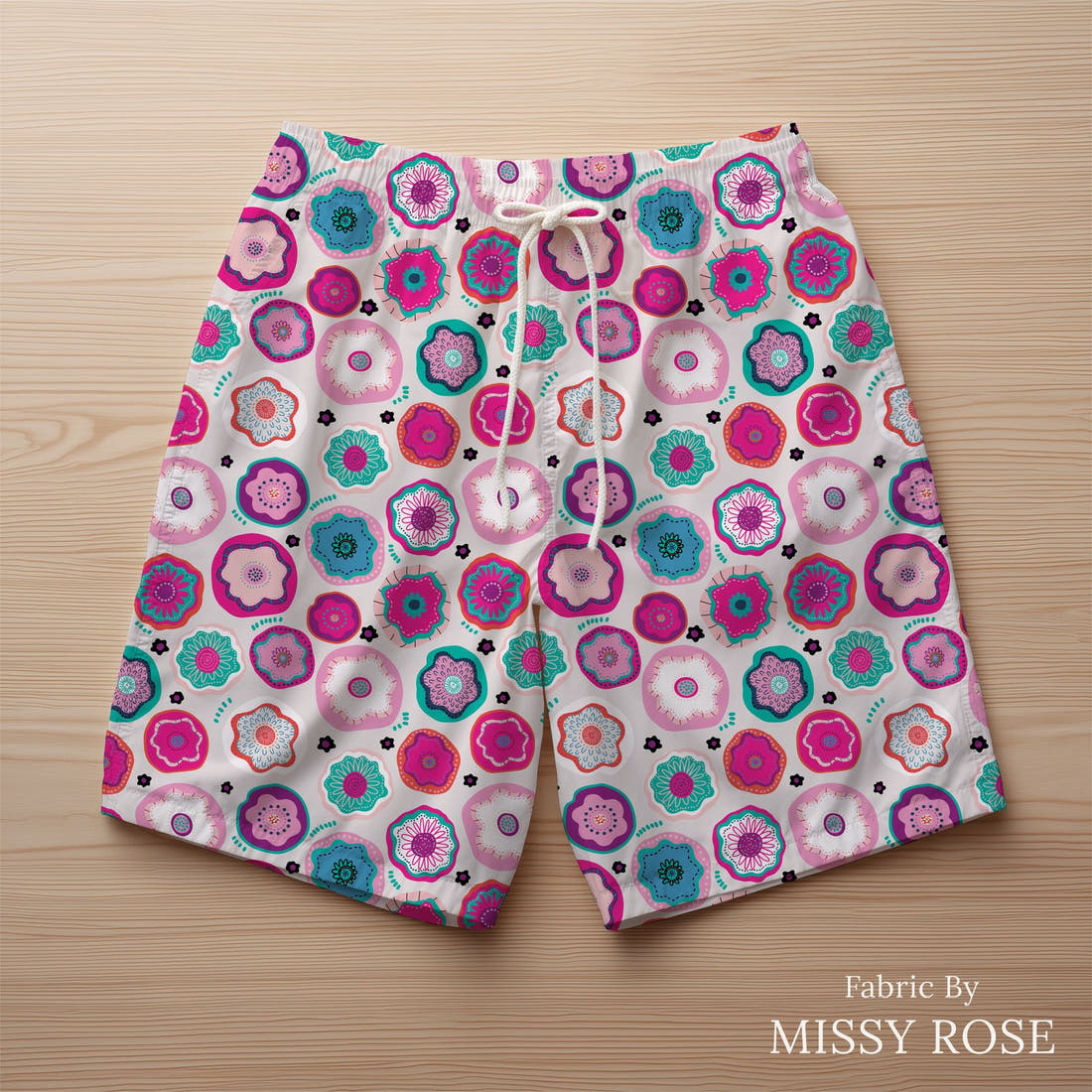 Kristina Forrest 48 sewn into swim shorts - see how the print looks made up | Fabric by Missy Rose