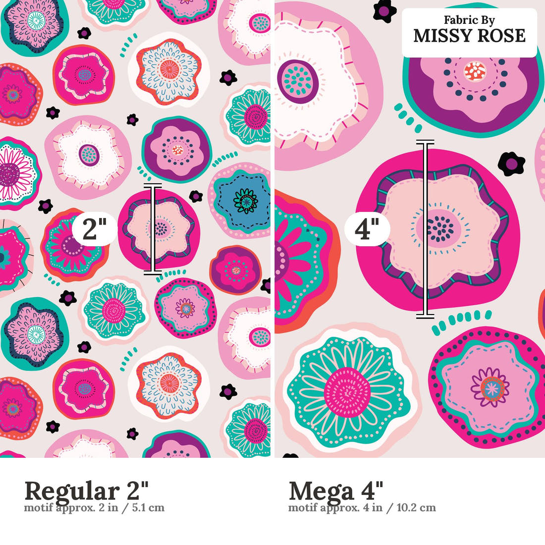 Kristina Forrest 48 Regular 2 inch vs Mega 4 inch print scale side by side | Fabric by Missy Rose