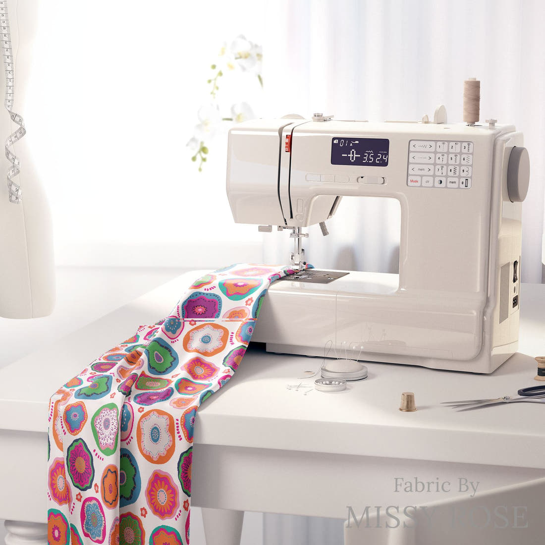 Kristina Forrest 49 on a sewing machine - premium fabric for sewing projects | Fabric by Missy Rose