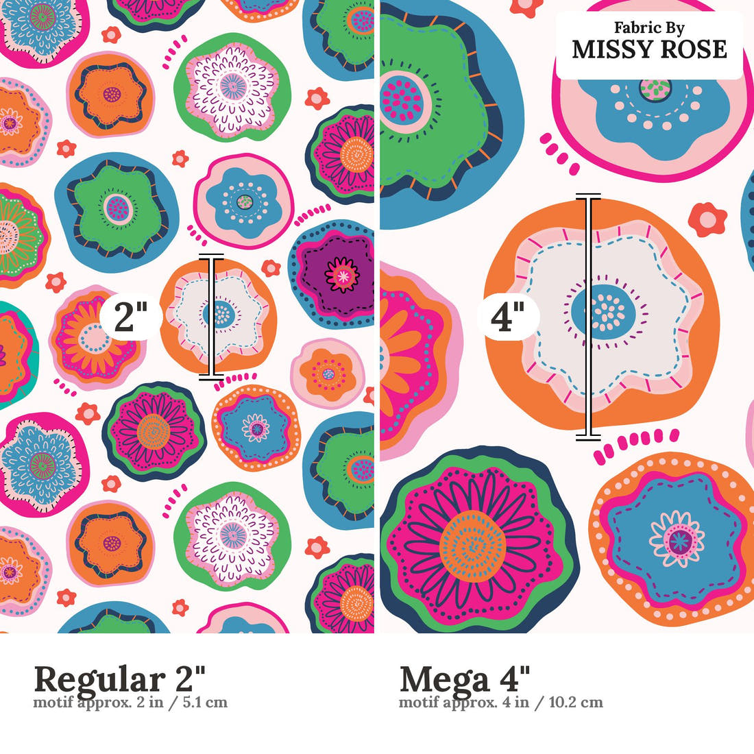 Kristina Forrest 49 Regular 2 inch vs Mega 4 inch print scale side by side | Fabric by Missy Rose