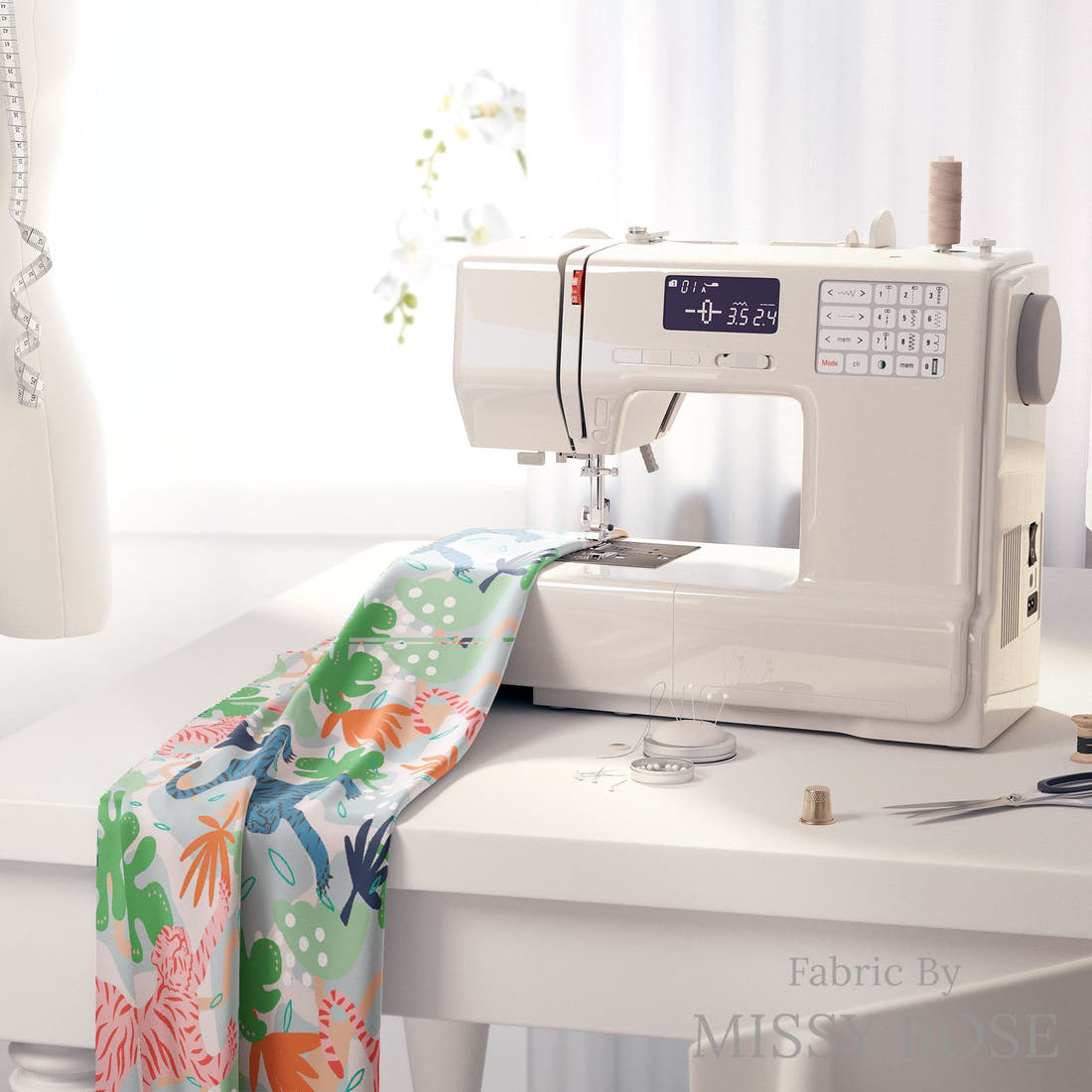Kristina Forrest 50 on a sewing machine - premium fabric for sewing projects | Fabric by Missy Rose