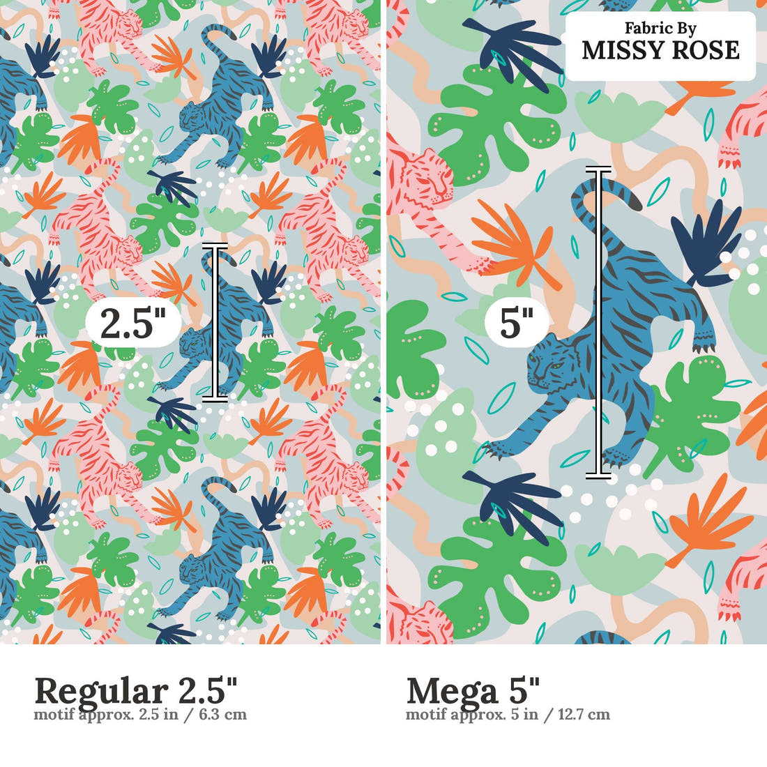 Kristina Forrest 50 Regular 2.5 inch vs Mega 5 inch print scale side by side | Fabric by Missy Rose