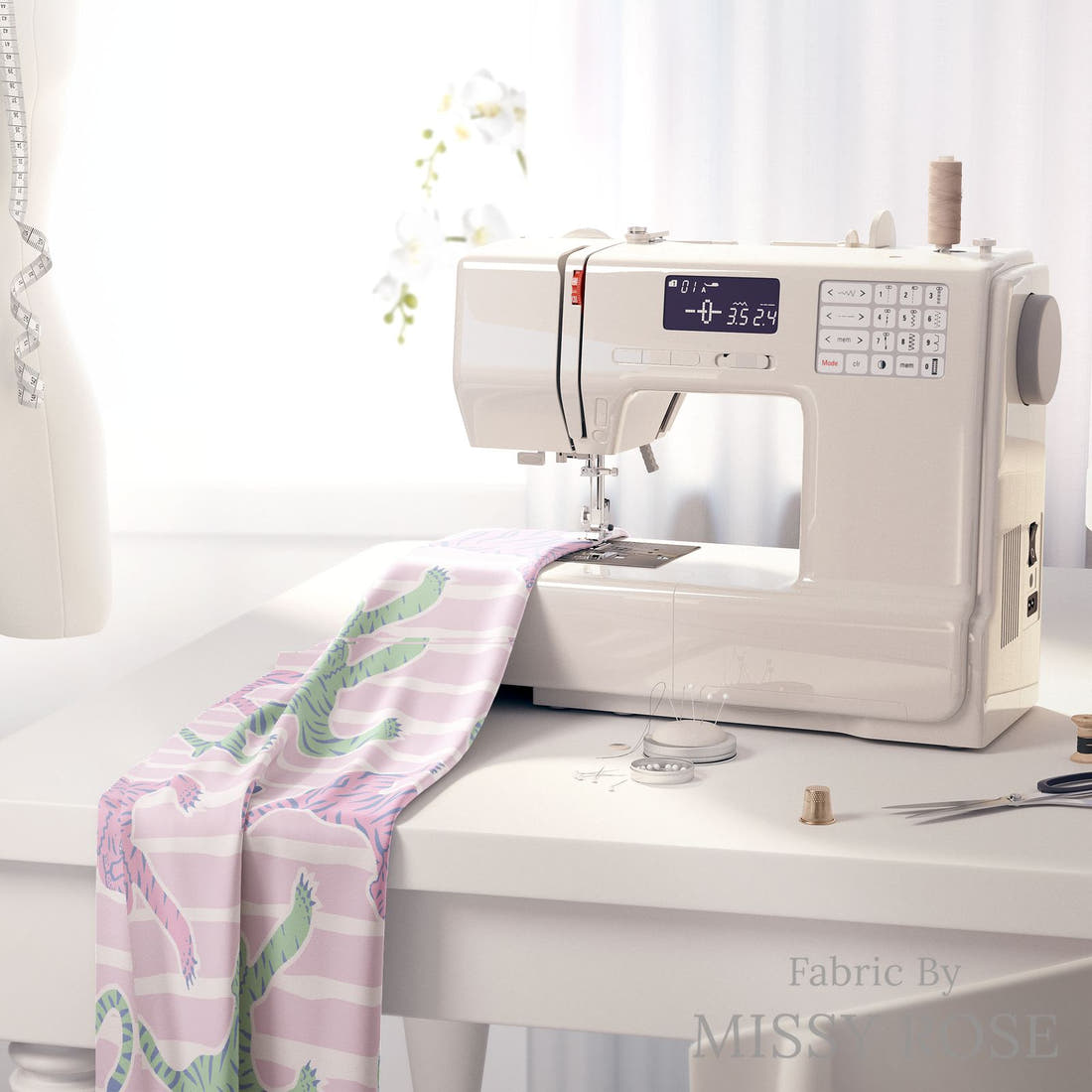 Kristina Forrest 51 on a sewing machine - premium fabric for sewing projects | Fabric by Missy Rose
