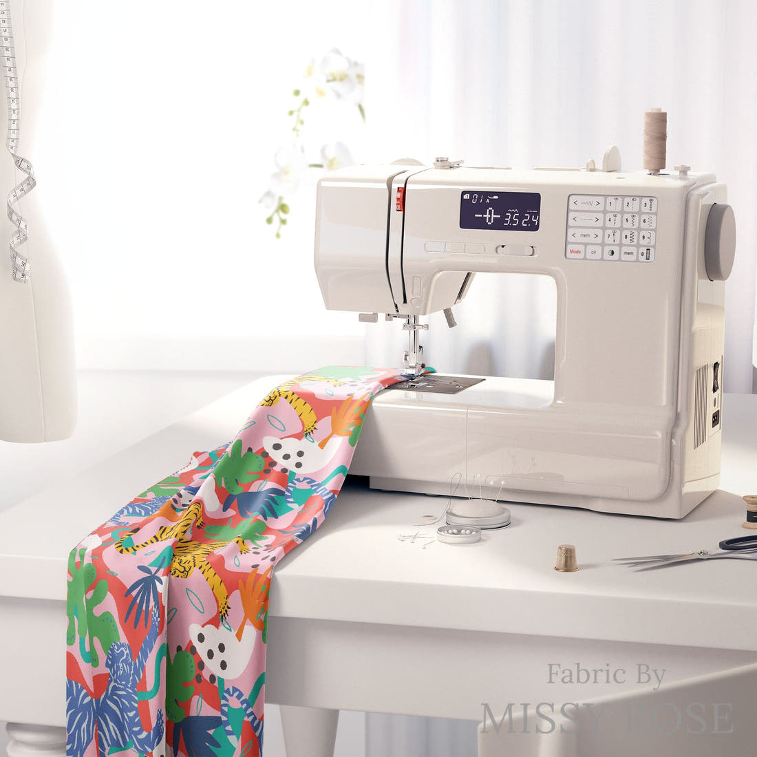 Kristina Forrest 52 on a sewing machine - premium fabric for sewing projects | Fabric by Missy Rose