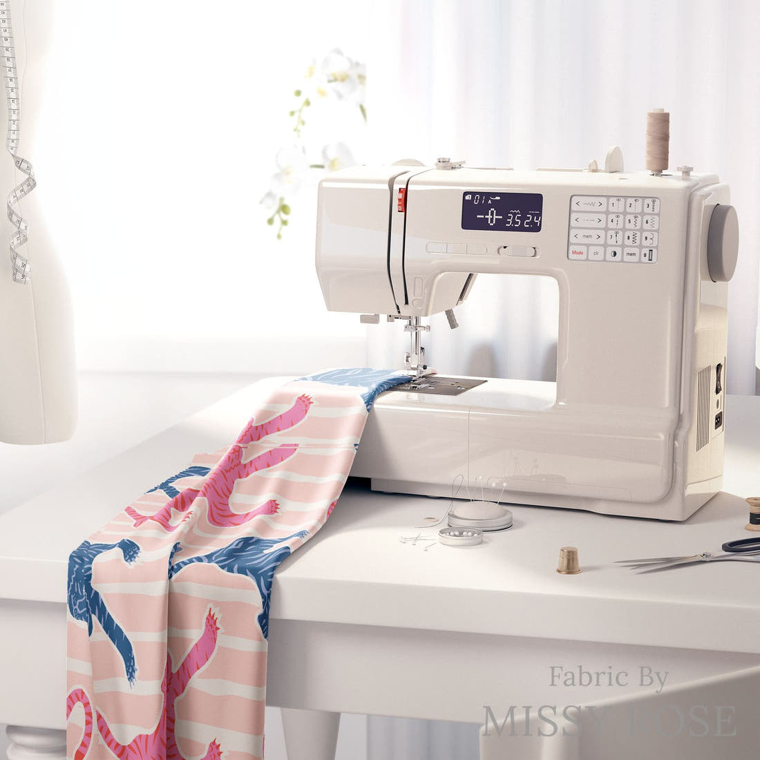 Kristina Forrest 53 on a sewing machine - premium fabric for sewing projects | Fabric by Missy Rose