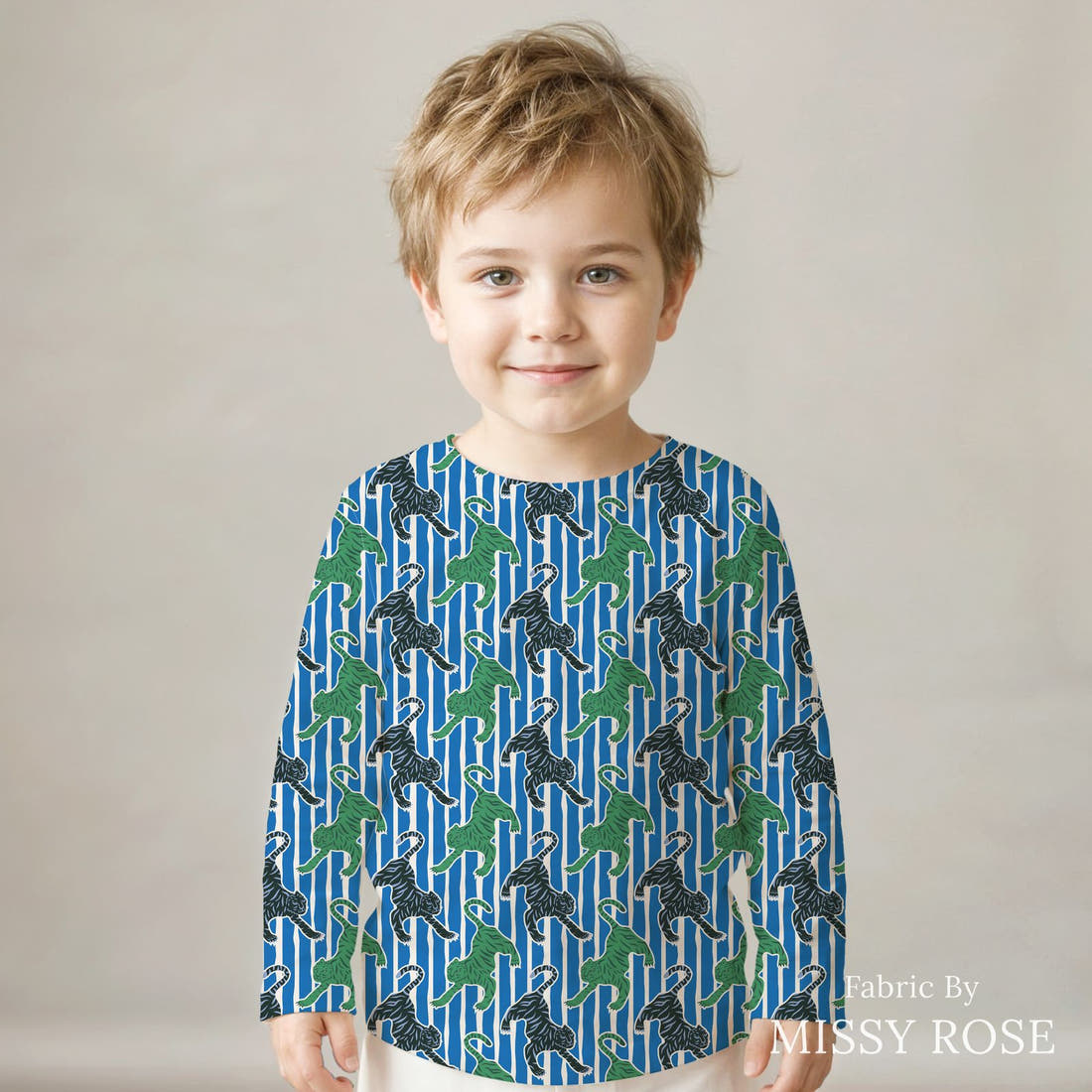 Kristina Forrest 54 sewn into a kids' all-over tee - see how the print looks made up | Fabric by Missy Rose