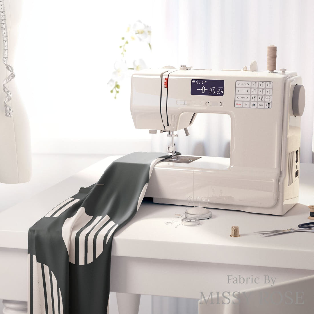 Kristina Forrest 55 on a sewing machine - premium fabric for sewing projects | Fabric by Missy Rose