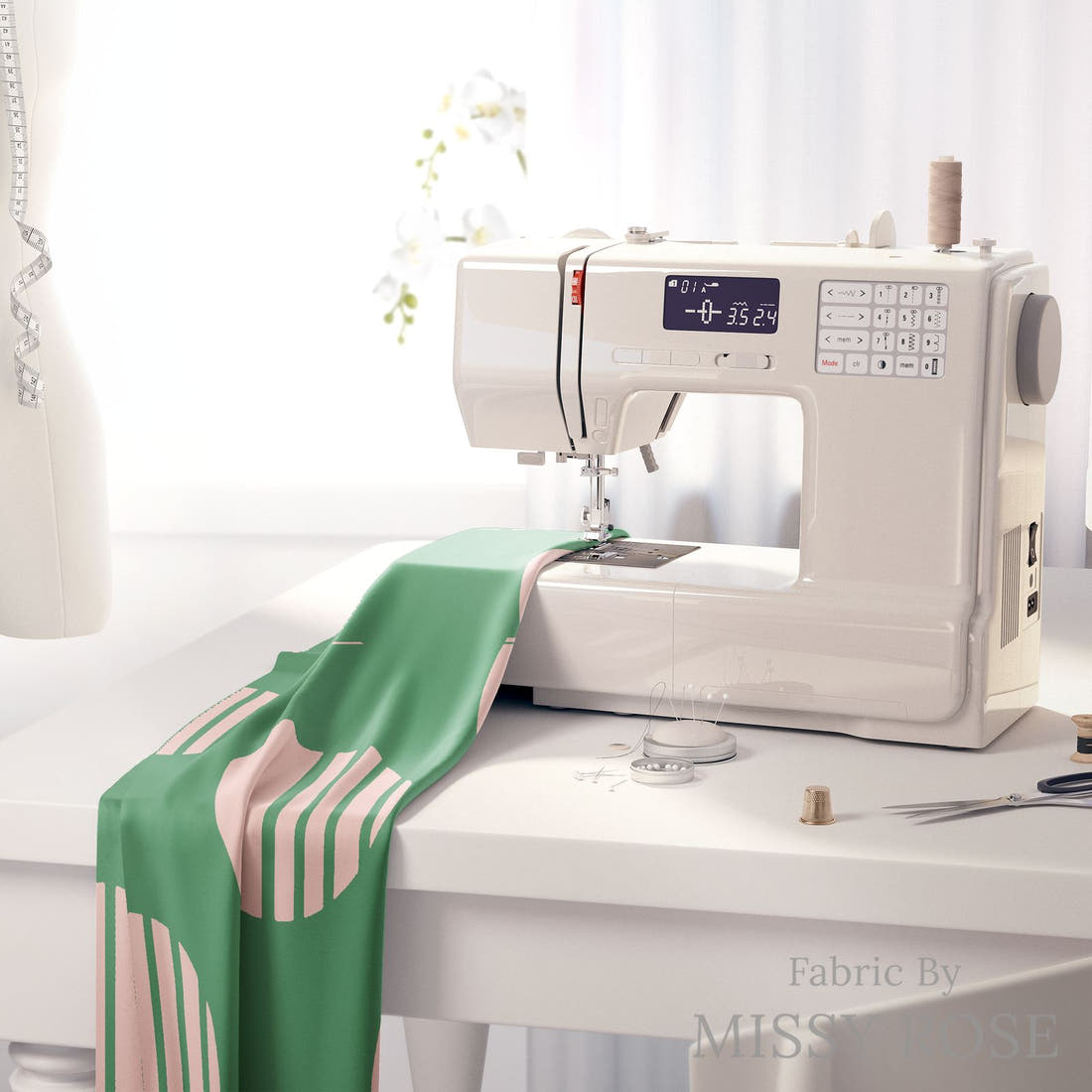 Kristina Forrest 56 on a sewing machine - premium fabric for sewing projects | Fabric by Missy Rose