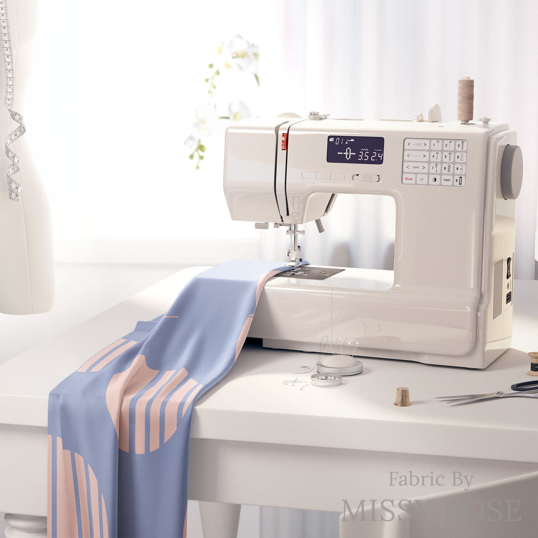Kristina Forrest 57 on a sewing machine - premium fabric for sewing projects | Fabric by Missy Rose