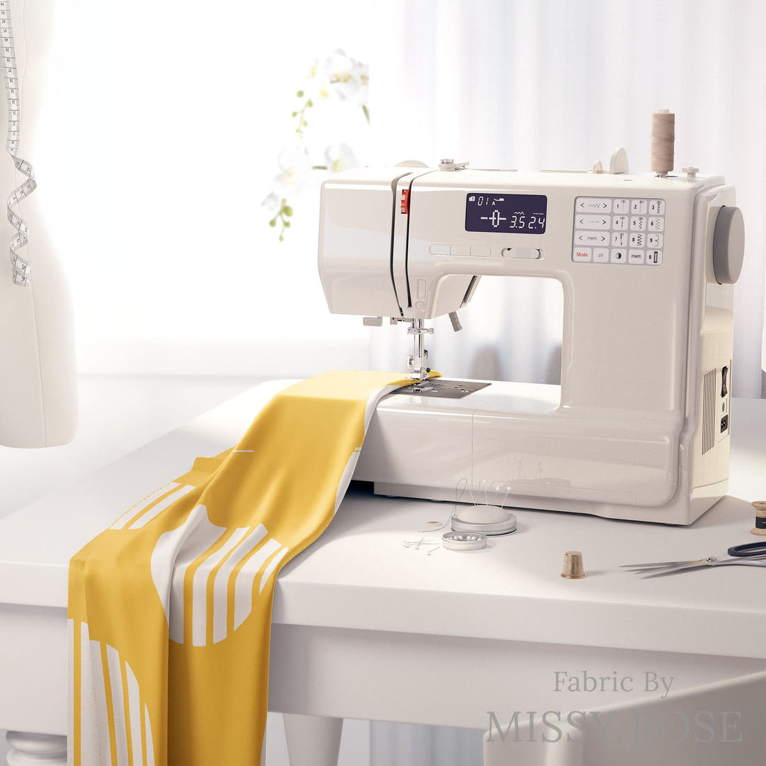 Kristina Forrest 59 on a sewing machine - premium fabric for sewing projects | Fabric by Missy Rose