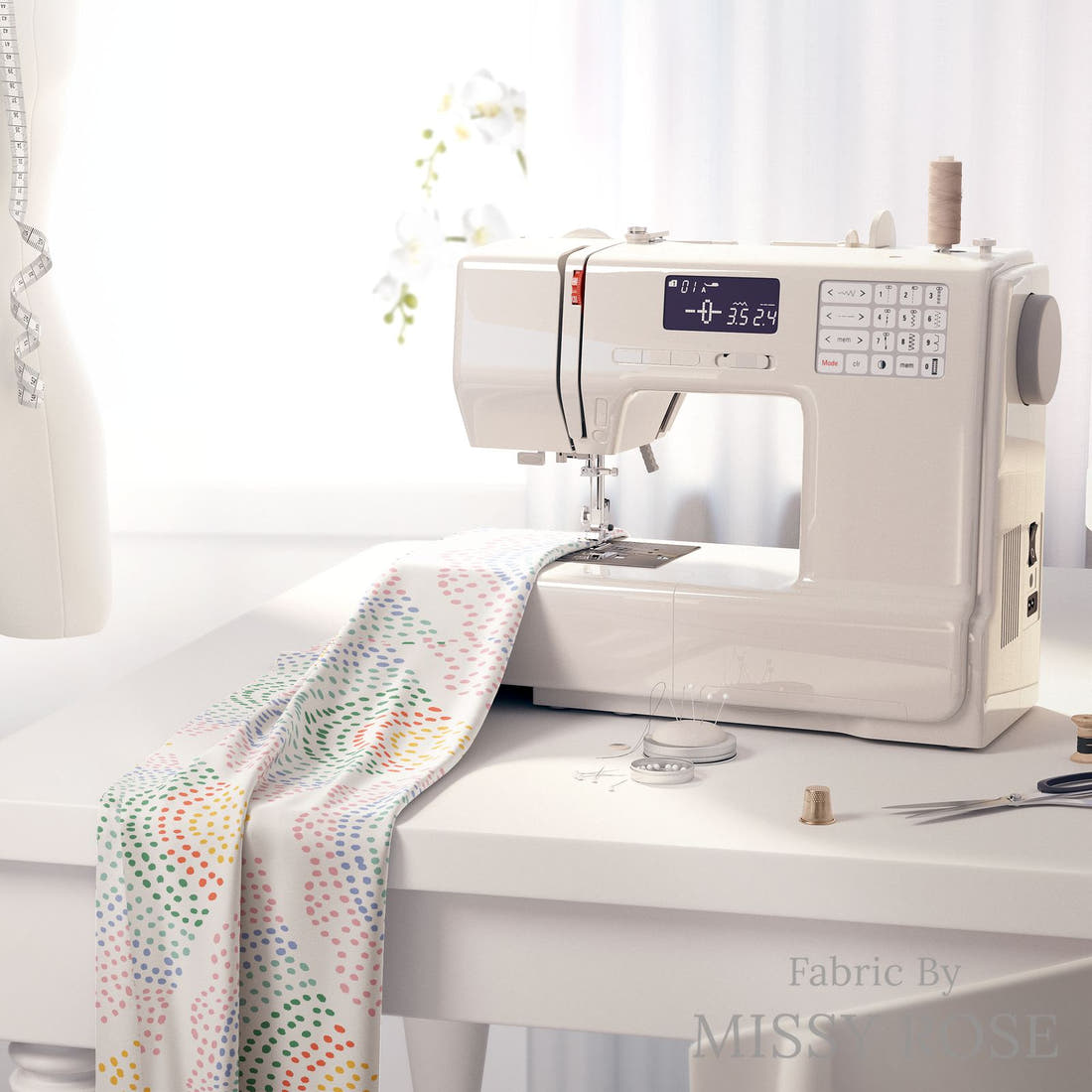 Kristina Forrest 60 on a sewing machine - premium fabric for sewing projects | Fabric by Missy Rose
