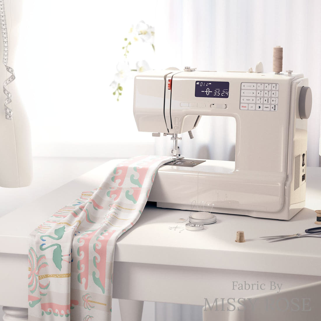 Kristina Forrest 62 on a sewing machine - premium fabric for sewing projects | Fabric by Missy Rose