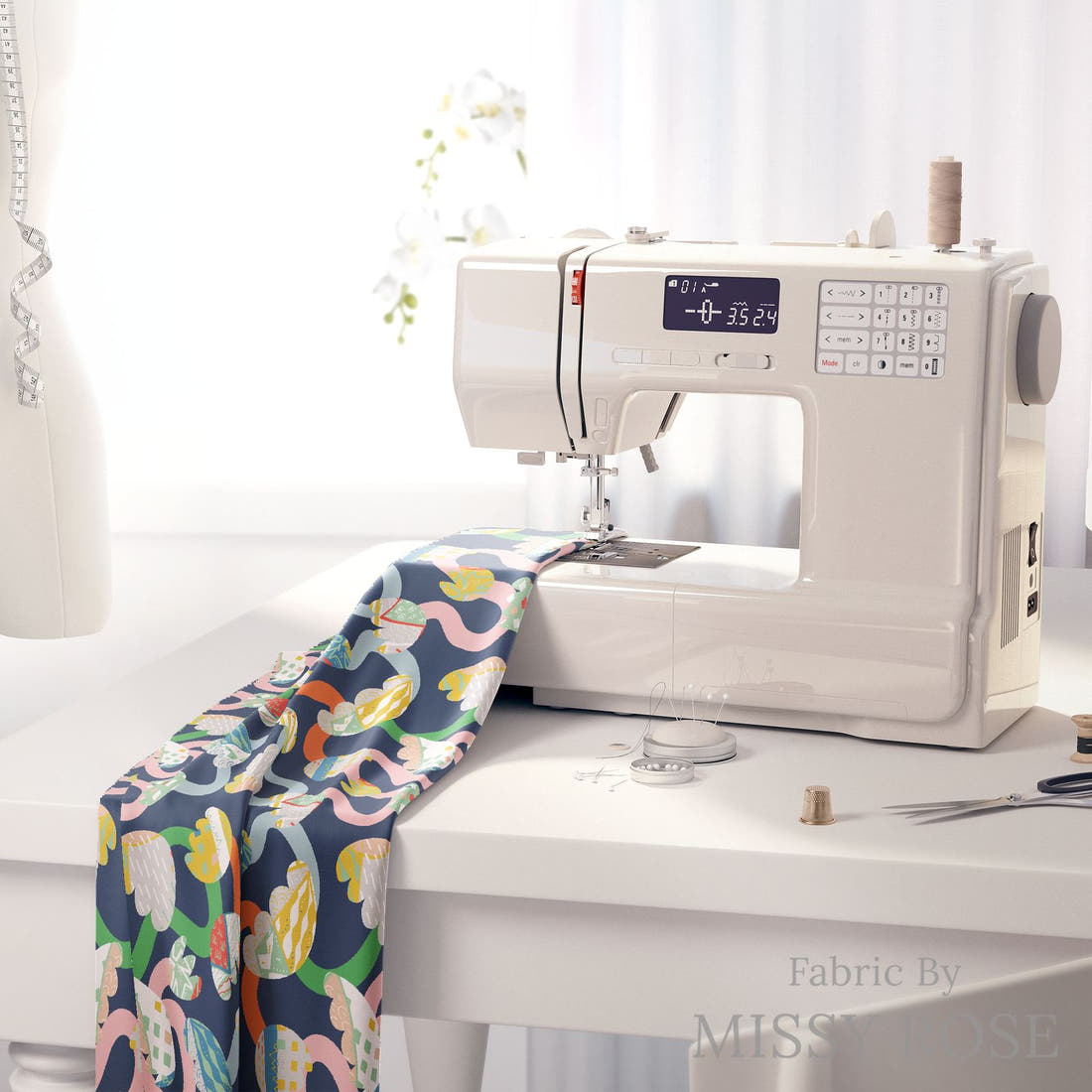 Kristina Forrest 63 on a sewing machine - premium fabric for sewing projects | Fabric by Missy Rose