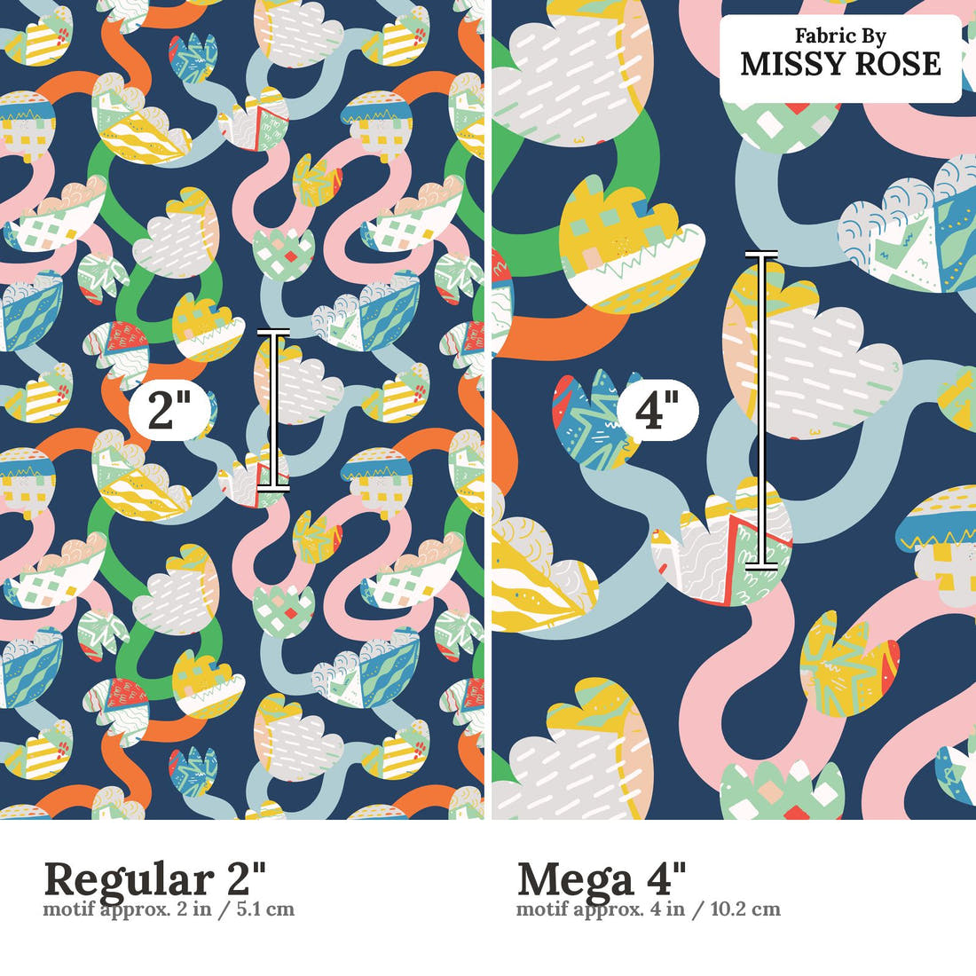 Kristina Forrest 63 Regular 2 inch vs Mega 4 inch print scale side by side | Fabric by Missy Rose