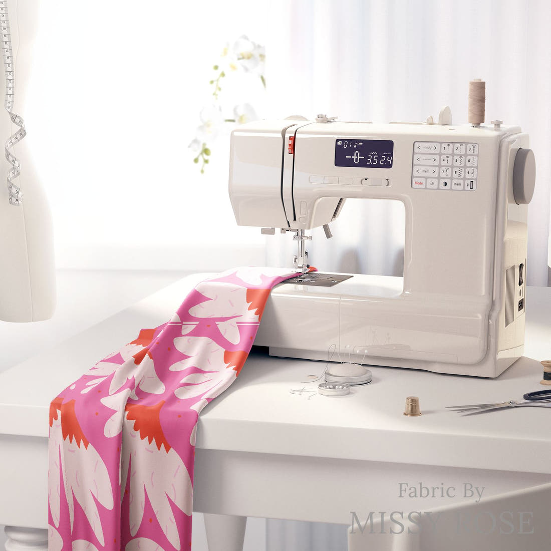 Kristina Forrest 67 on a sewing machine - premium fabric for sewing projects | Fabric by Missy Rose