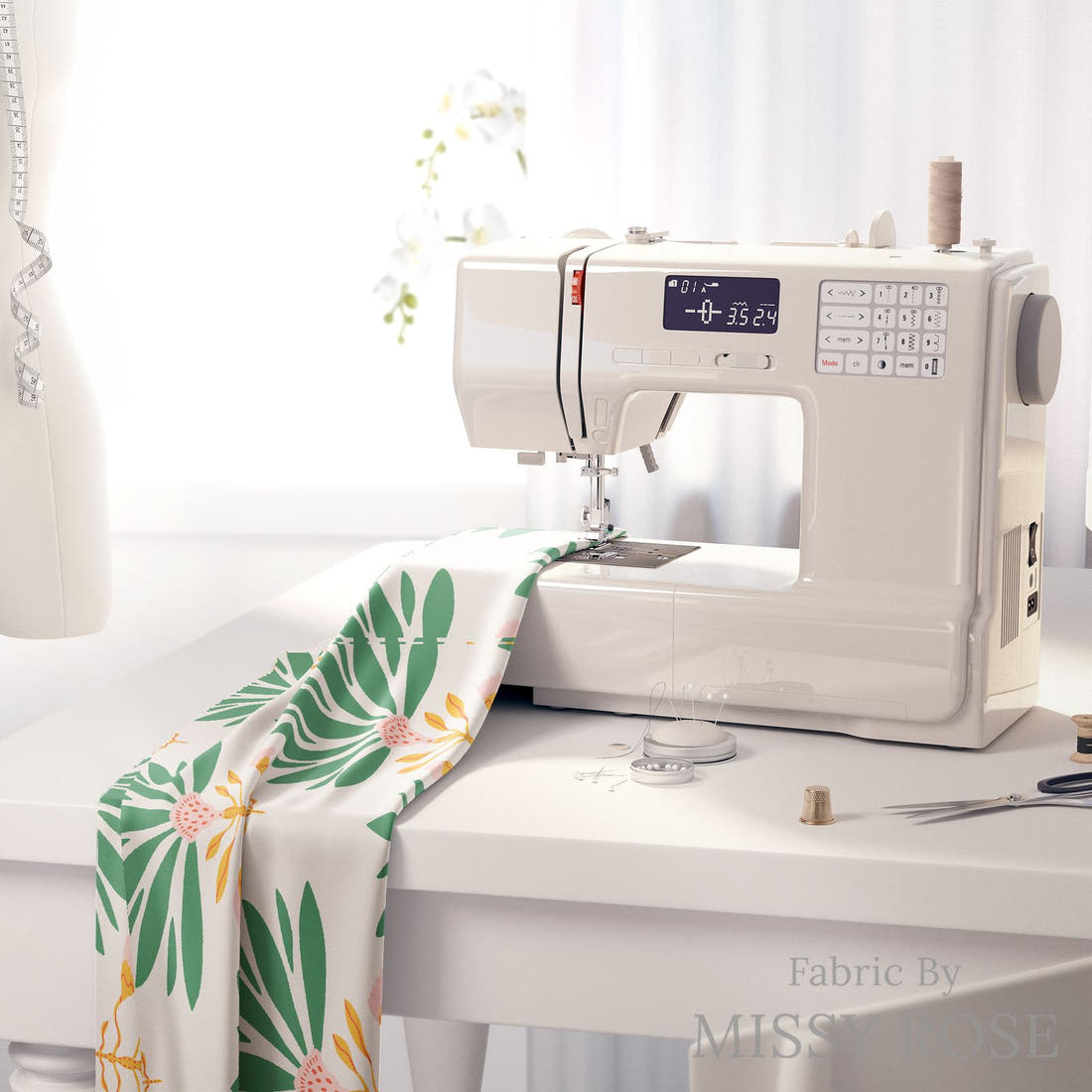 Kristina Forrest 69 on a sewing machine - premium fabric for sewing projects | Fabric by Missy Rose