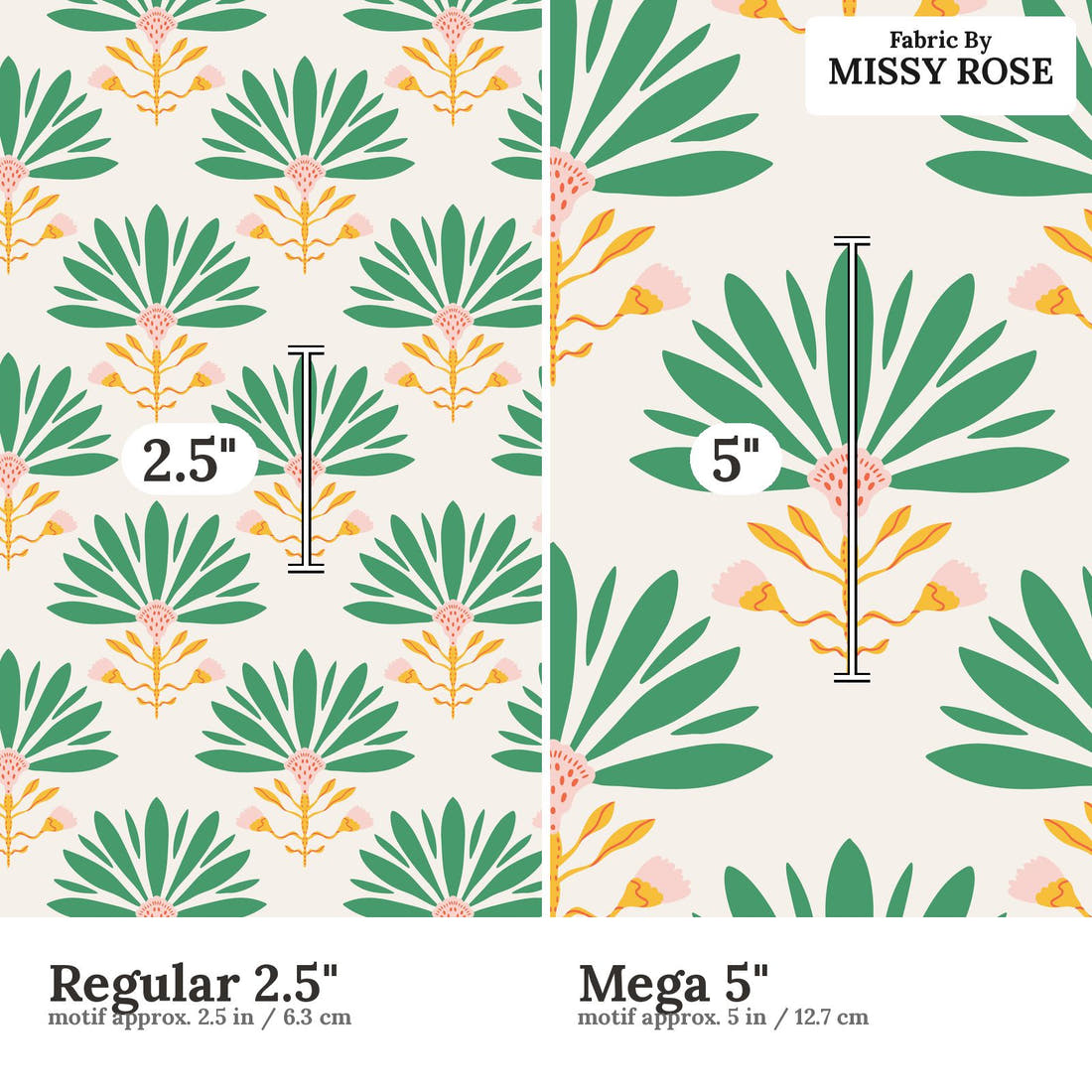 Kristina Forrest 69 Regular 2.5 inch vs Mega 5 inch print scale side by side | Fabric by Missy Rose