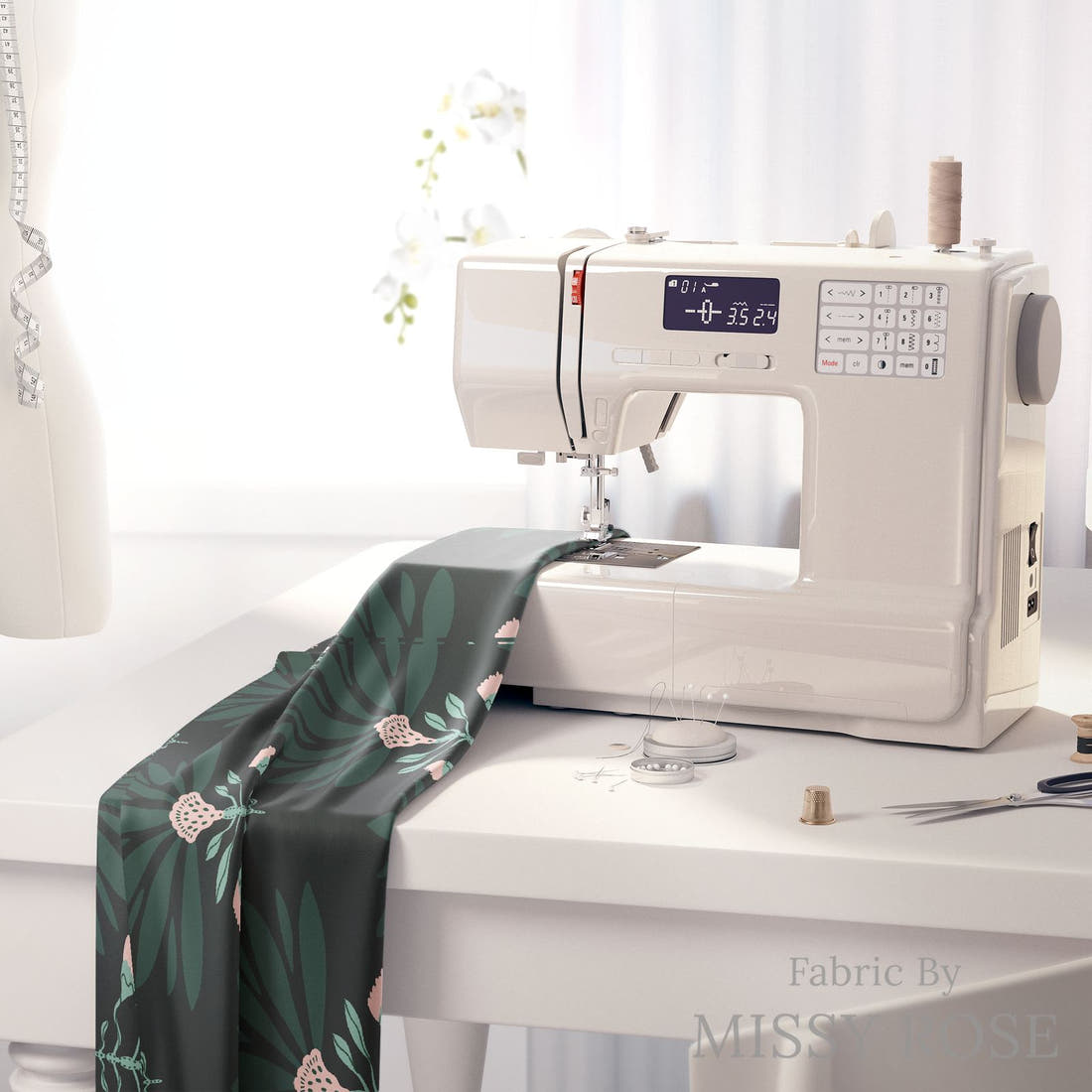 Kristina Forrest 70 on a sewing machine - premium fabric for sewing projects | Fabric by Missy Rose
