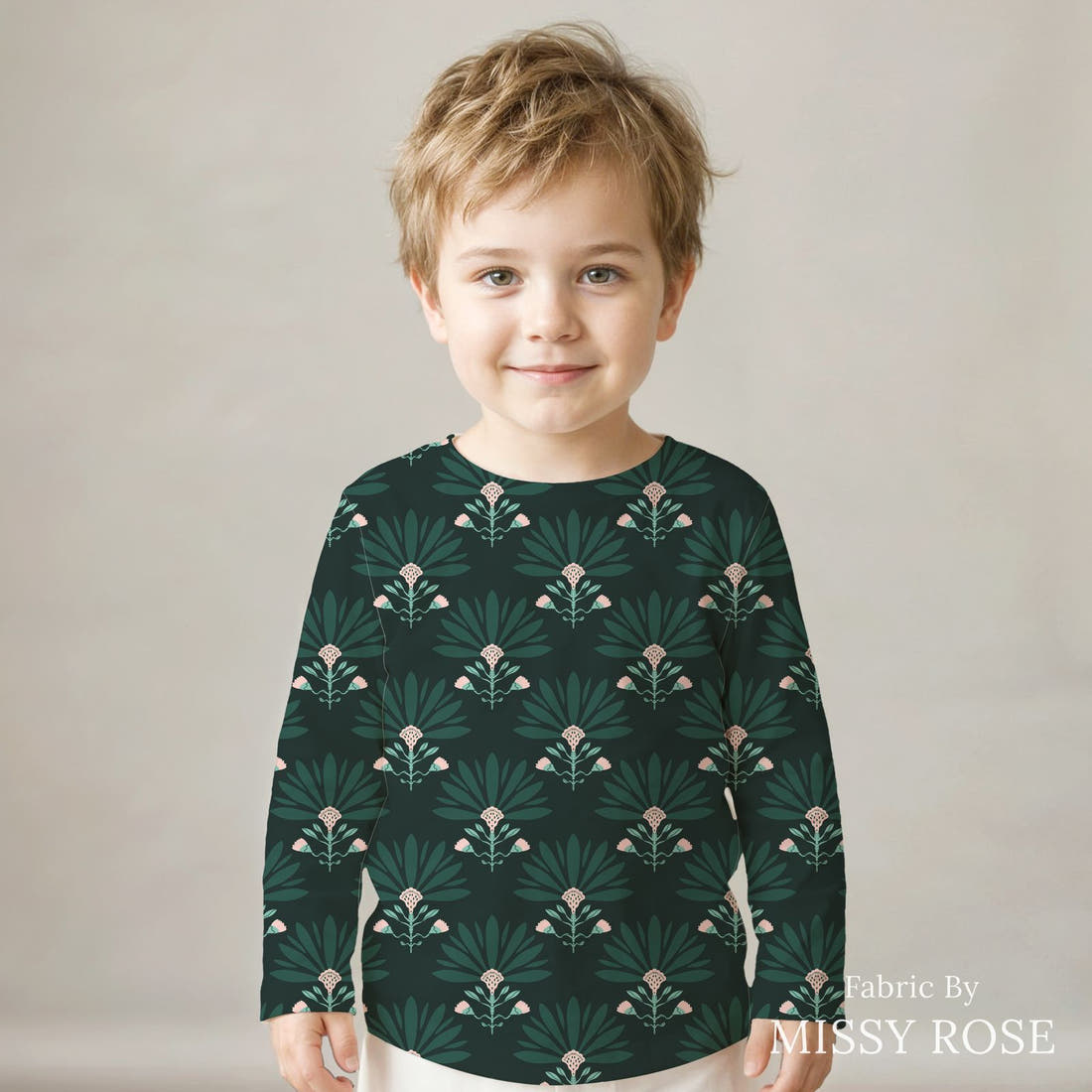 Kristina Forrest 70 sewn into a kids' all-over tee - see how the print looks made up | Fabric by Missy Rose