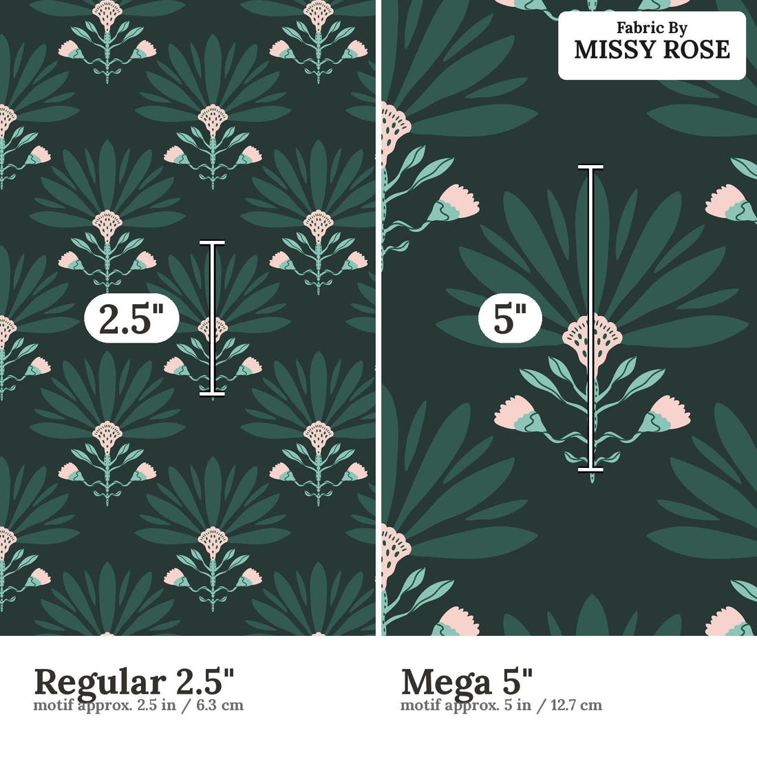 Kristina Forrest 70 Regular 2.5 inch vs Mega 5 inch print scale side by side | Fabric by Missy Rose