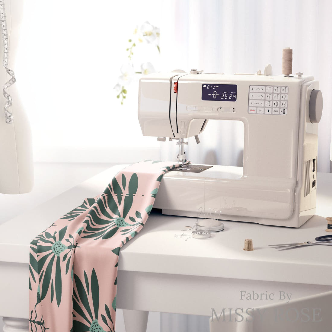 Kristina Forrest 71 on a sewing machine - premium fabric for sewing projects | Fabric by Missy Rose