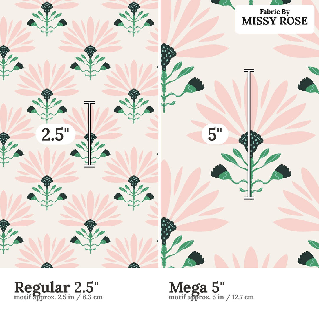 Kristina Forrest 72 Regular 2.5 inch vs Mega 5 inch print scale side by side | Fabric by Missy Rose