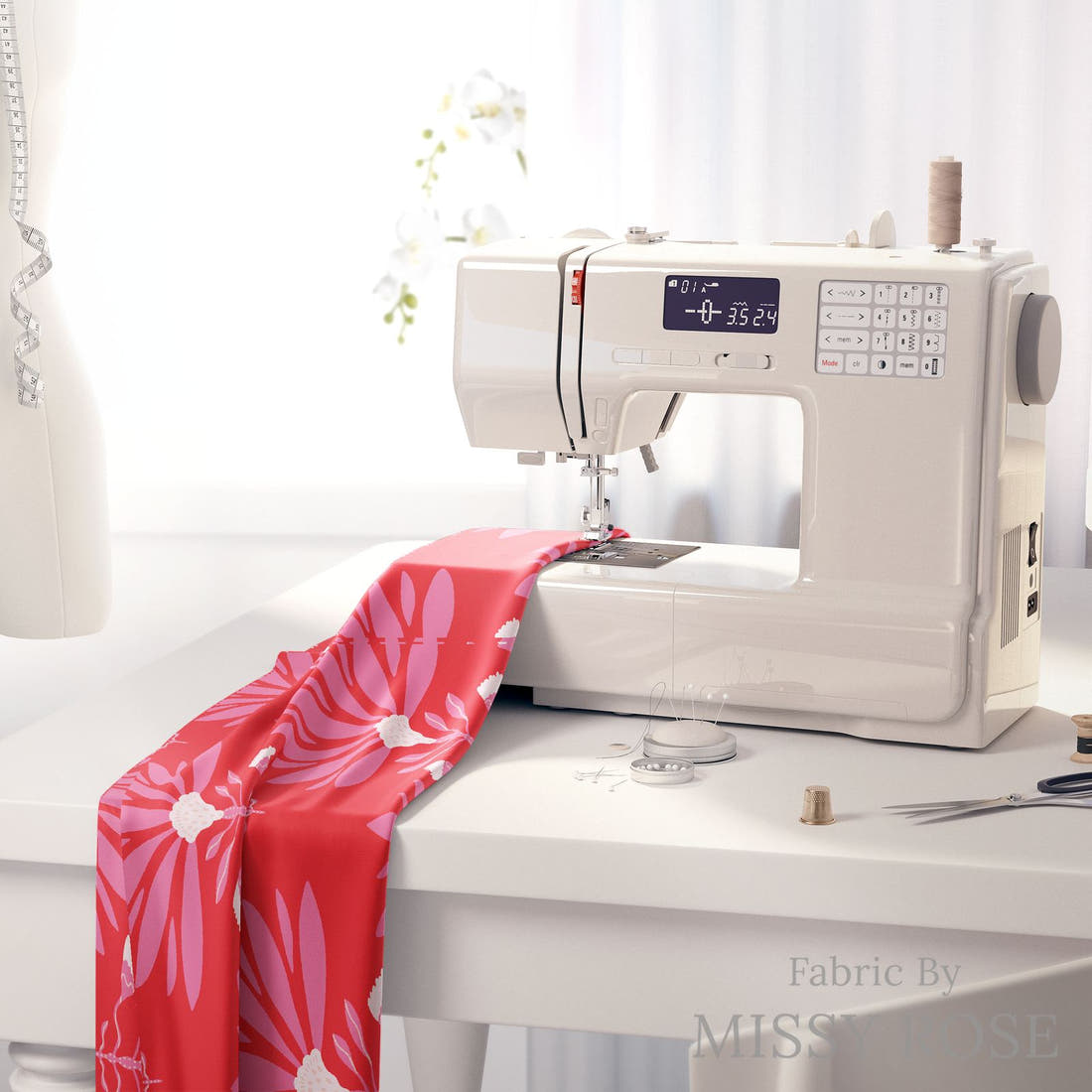 Kristina Forrest 73 on a sewing machine - premium fabric for sewing projects | Fabric by Missy Rose