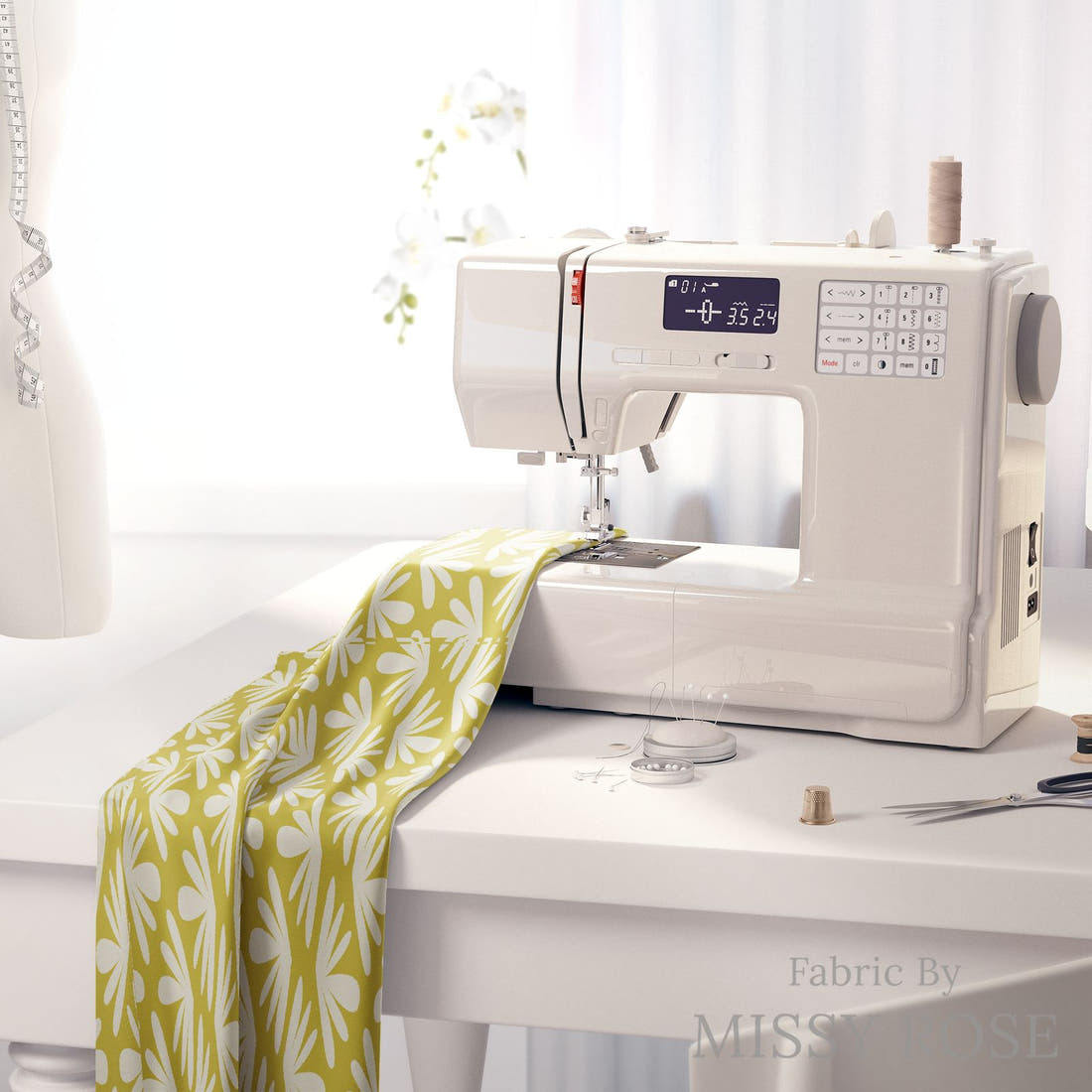 Kristina Forrest 75 on a sewing machine - premium fabric for sewing projects | Fabric by Missy Rose