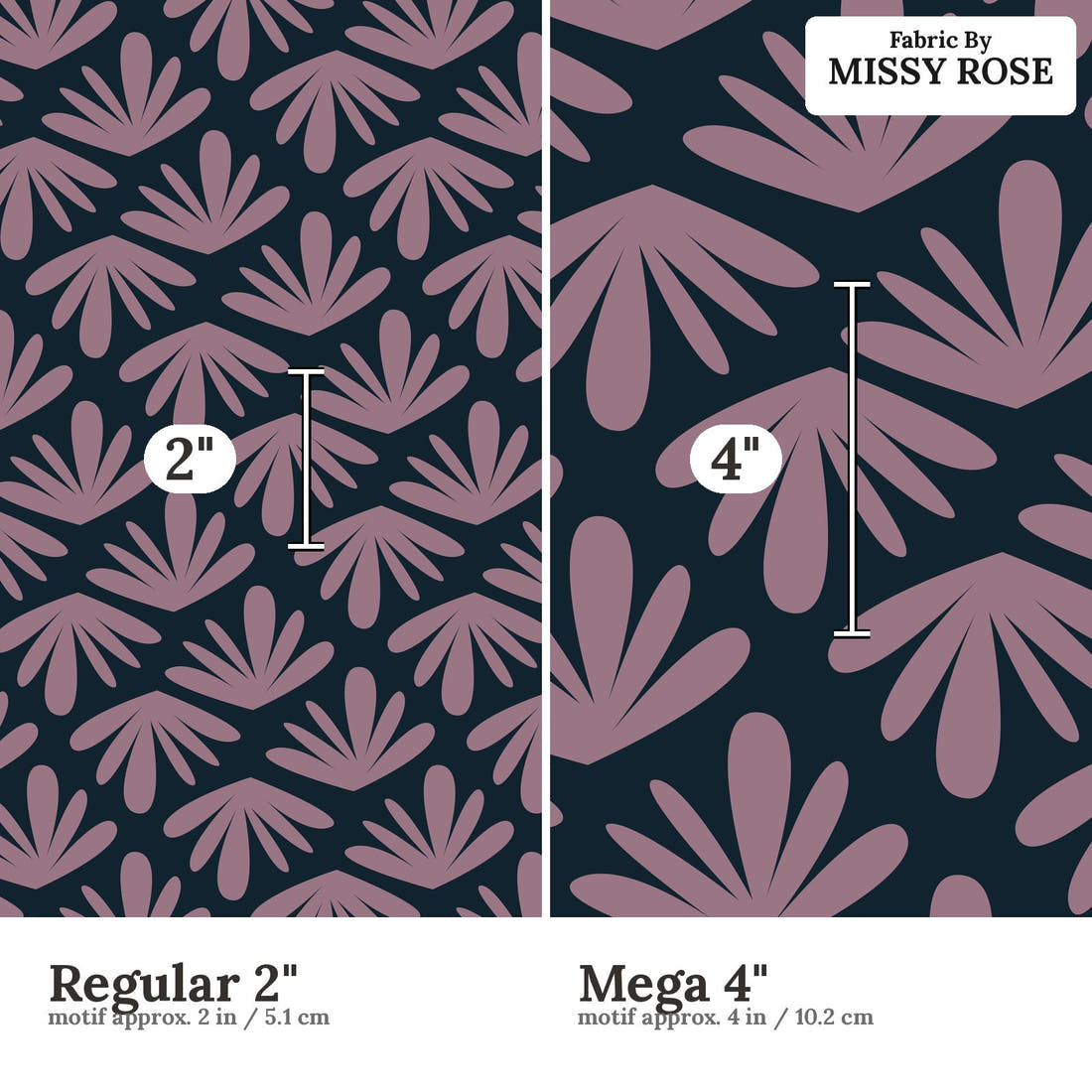 Kristina Forrest 77 Regular 2 inch vs Mega 4 inch print scale side by side | Fabric by Missy Rose