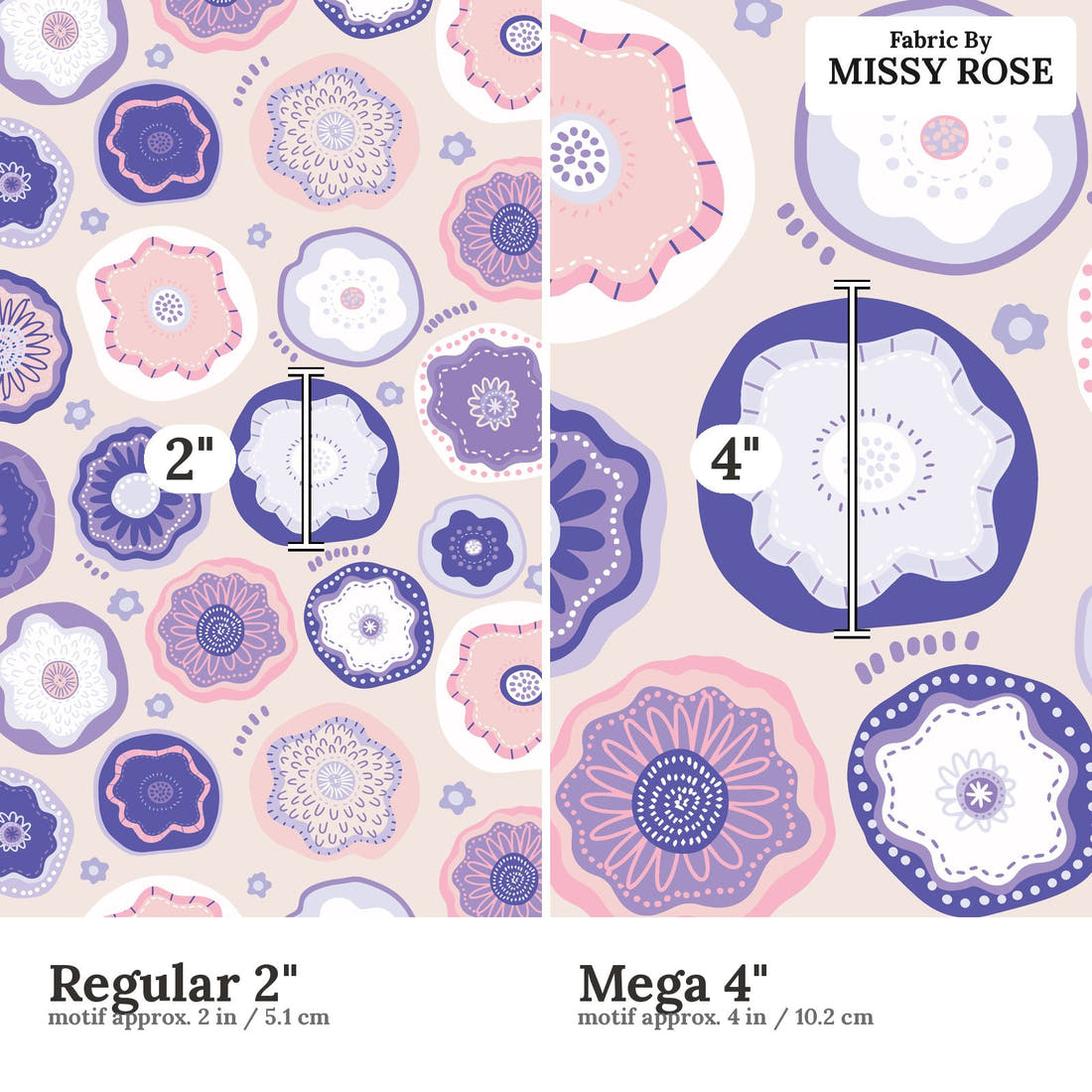 Kristina Forrest 78 Regular 2 inch vs Mega 4 inch print scale side by side | Fabric by Missy Rose