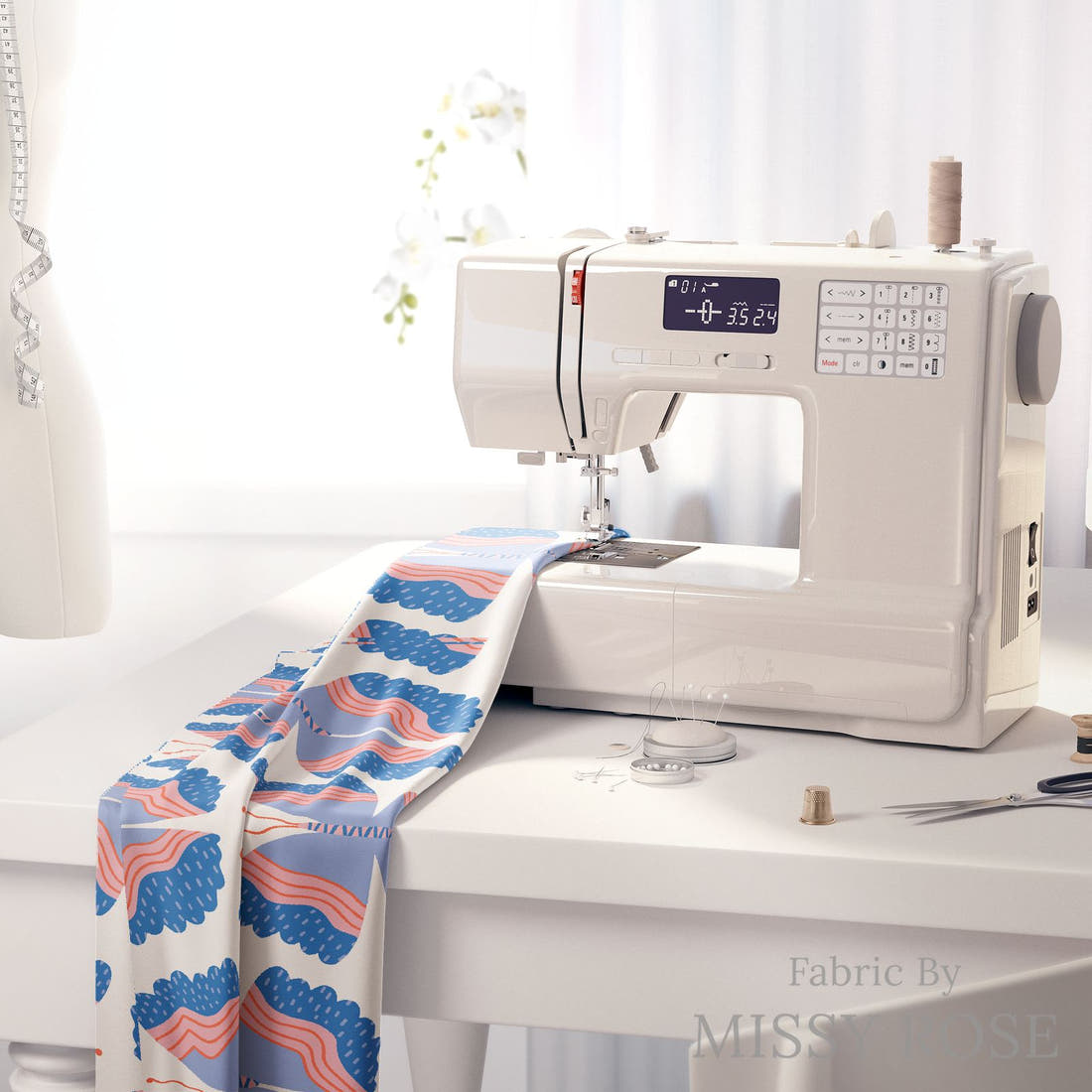Kristina Forrest 79 on a sewing machine - premium fabric for sewing projects | Fabric by Missy Rose
